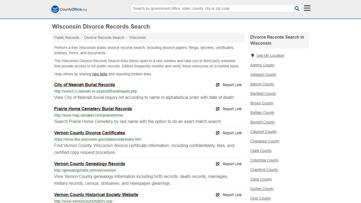 Wisconsin Divorce Records Search - County Office