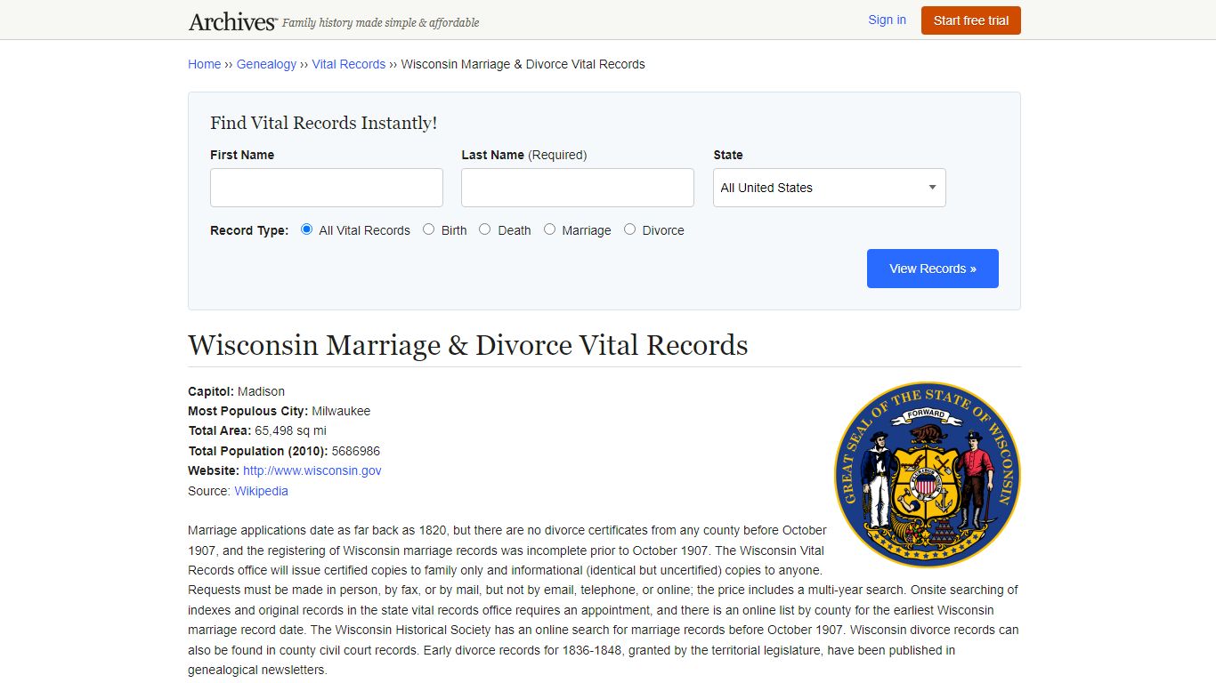 Wisconsin Marriage & Divorce Records | Vital Records - Archives.com
